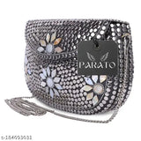 Handmade silver beaded clutch purse with floral accents