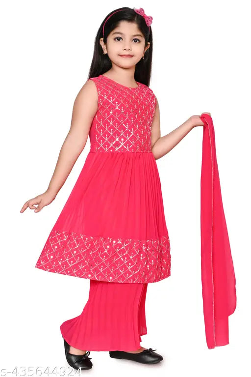 Bollywood-style chiffon Kurta set with Dupatta and bottomwear, embellished for kids aged 5-10 years, Indian origin