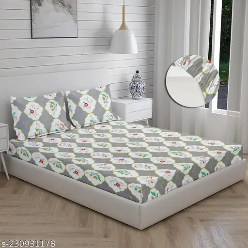 Soft glace cotton floral Stylo full-size bedsheet, elastic fitted, double king size (8 inches matters), with 2 pillow covers - MS KETAN TEXTILE
