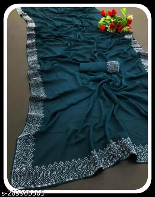 Diamond Blue Vichitra Silk saree with matching blouse, solid pattern, Indian origin