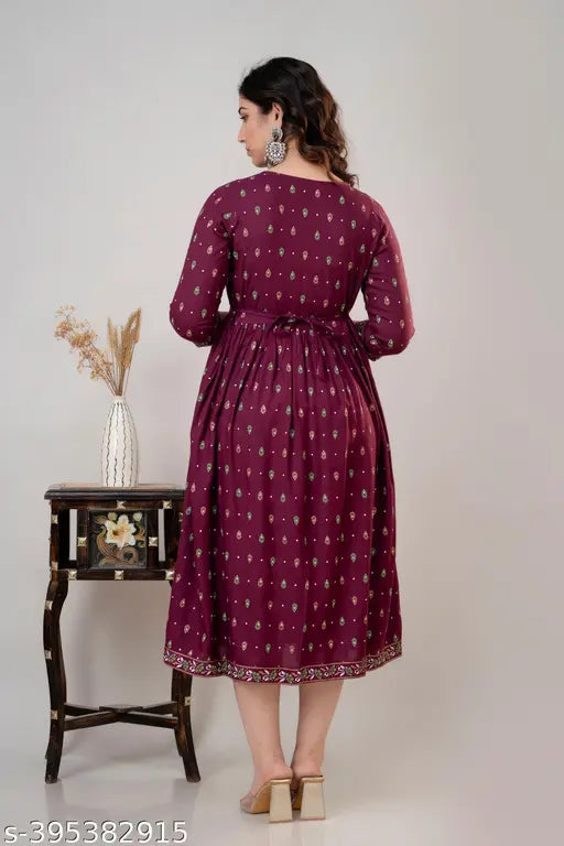 Women's Printed Rayon-Cotton Anarkali Kurta in Wine or Firozi - Three-Quarter Sleeves, Round Neck, Calf Length, Formal & Casual Wear