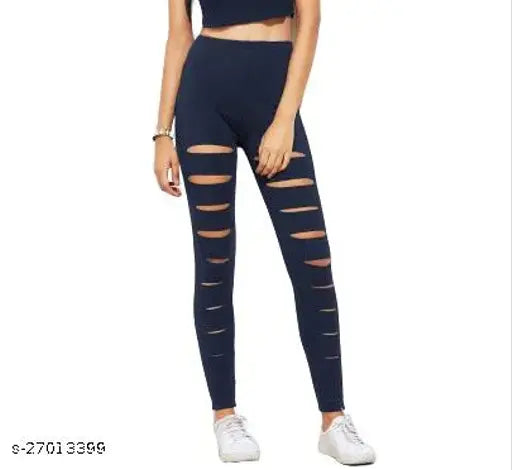 Blue spandex jeggings with cut-outs, perfect for high compression sports, yoga, gym, and activewear. Available size 28 (waist 28in, length 35in), made in India