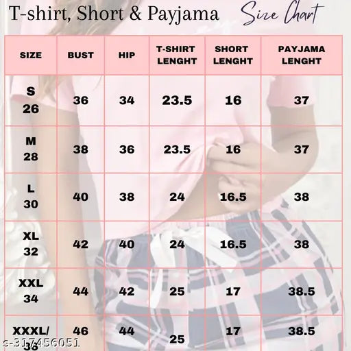 Printed polyester night suit set - women's 3 piece combo with t-shirt, shorts, and pyjamas in a classic design