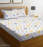 White Glace Cotton, Elastic Fitted King Size Double Bed Sheet with 2 Pillow Covers - Ideal for modern and classical homes, summer seasons, and perfect for outdoor spaces