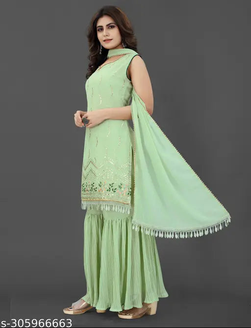 Crew-neck kurta, pastel pink, sequin embroidery, dupatta set, formal wear, ready-to-wear