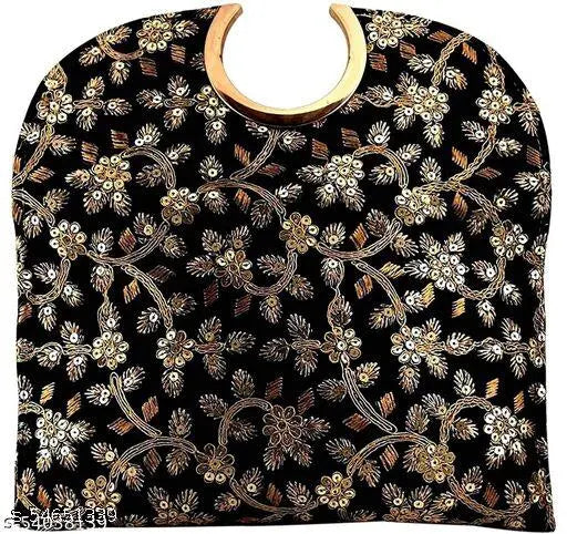 Gold tone embroidered floral design ethnic women's clutch purse, fabric material