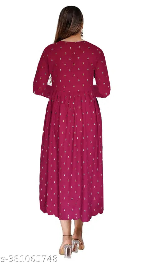 Brown Rayon Damask Rani Long Kurti with three-quarter sleeves and printed combo - International fashion, quality from India