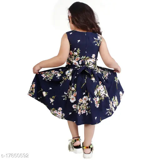 Rozzby girls navy floral dress with ruffle sleeves and cinched waistband