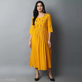 Yellow rayon straight kurti with embroidery, three-quarter sleeves for women, made in India
