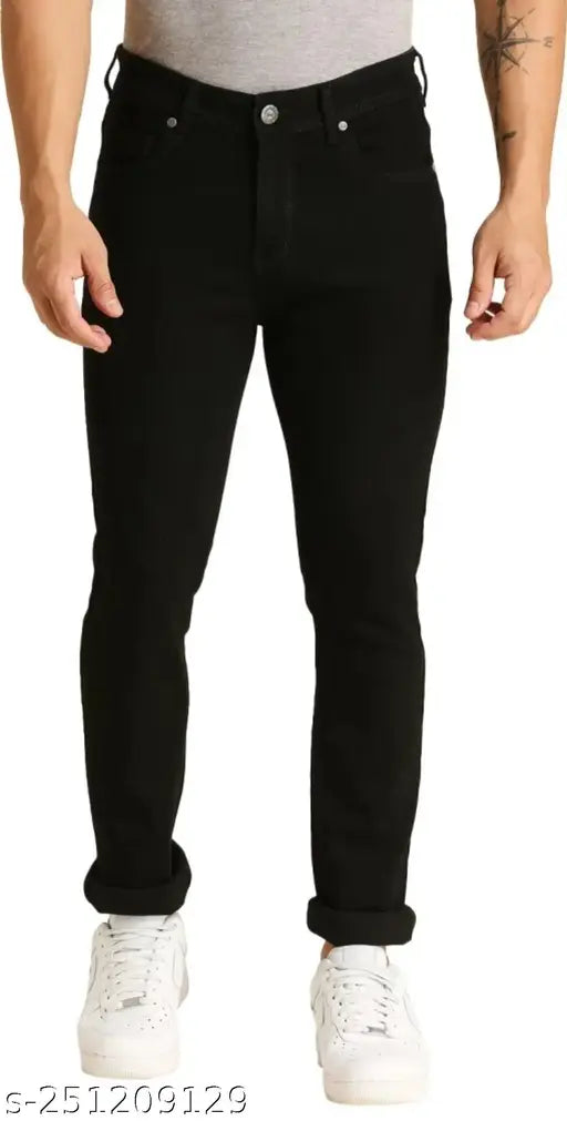 Stretchable black jeans for men, polycotton, solid fit, mid-rise, button closure. Sizes: 28, 30, 32. Breathable, contoured, chemical-free. Indian-made premium quality jeans