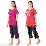 Happy Rani Pink & Tomato Red Cotton Printed Loungewear Set, featuring a top and capri pyjama combo from Pure Fashion for cozy sleepwear