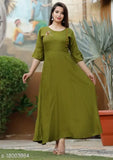 Rayon green long-sleeve kameez dress with intricate embroidery