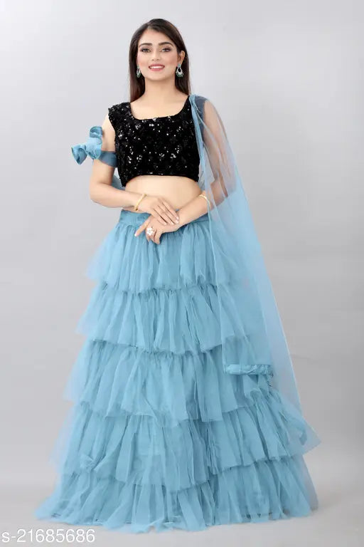 Sky blue net lehenga and sequined choli set, velvet choli with embellished semi-stitched net lehenga and matching dupatta (size 41m/43m/2.2m), Indian traditional bridal wear fashion