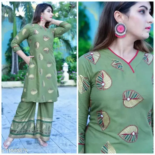 Rayon slub print kurta with palazzos, vibrant Indian women's outfit