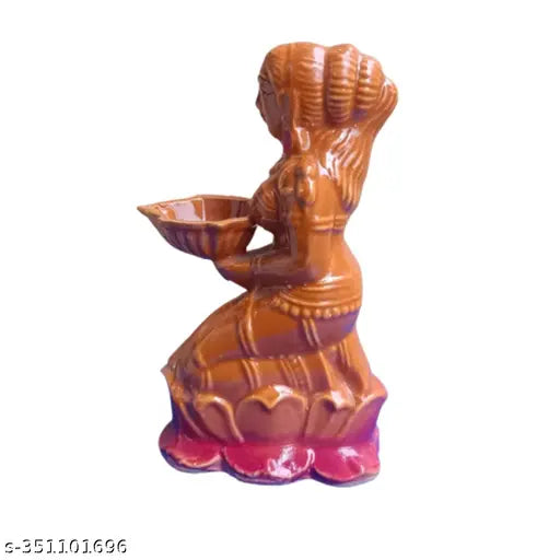 Ceramic traditional Paavai Vilaku statue, handmade Indian artifact showpiece, depicting a lady holding a lamp, symbolizing prosperity and auspiciousness, measuring 11cm (L) x 6cm (B) x 13cm (H)