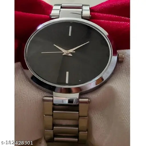 Silver analog watch with black face and gold hands, adjustable band, minimalist design