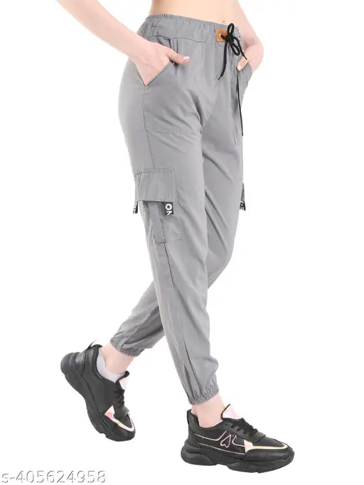 Grey sport track pants for women, elastic waistband, drawstring ankles
