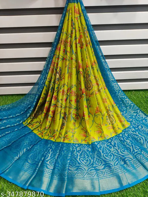 Brasso Mango printed chiffon saree, soft and smooth summer collection with contrast border, pallu, and blouse