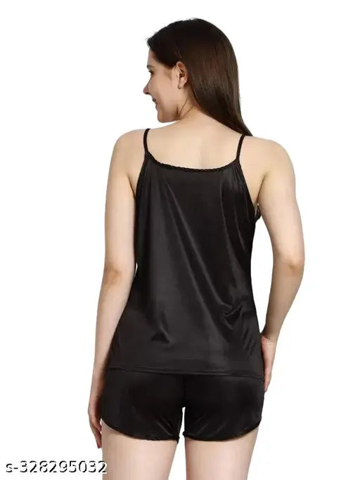 Satin women's spaghetti top & shorts set in solid pattern, perfect for bedroom or special nights, by Nightdoll - Indian brand offering quality comfort and chic fashion