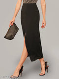 Trendy black pencil skirt, midi length, lace overlay detail