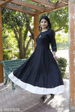 Black rayon Anarkali with three-quarter sleeves, solid black women's fashion from India
