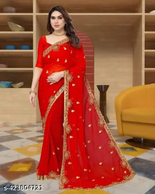 Red georgette sari with running blouse, women's fashion, traditional wear