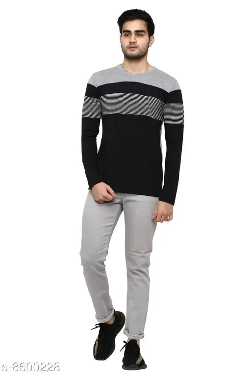Cotton blend V-neck full sleeve T-shirt with printed net design, size S from India