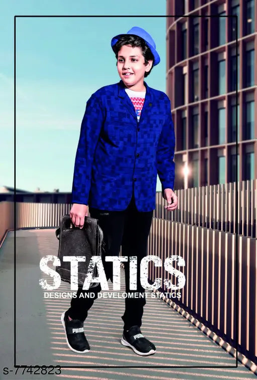 Boy in blazer standing on bridge with 'Statistics' sign, black and white checkered shirt, blue jeans