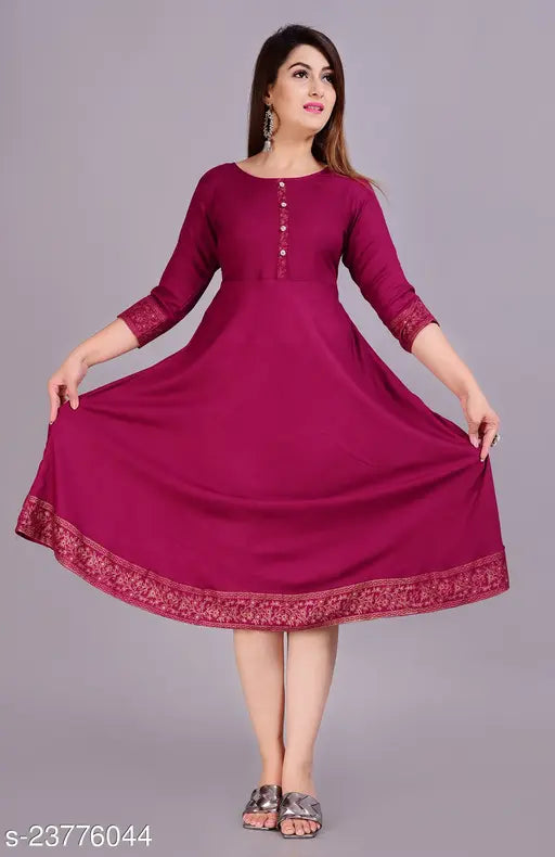 Solid rayon Anarkali kurta in three-quarter sleeves, vibrant Indian women's fashion