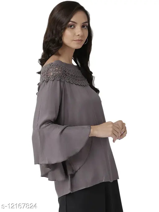 Charcoal grey viscose rayon solid top for women, three-quarter sleeves, XS - XXL sizes, India origin