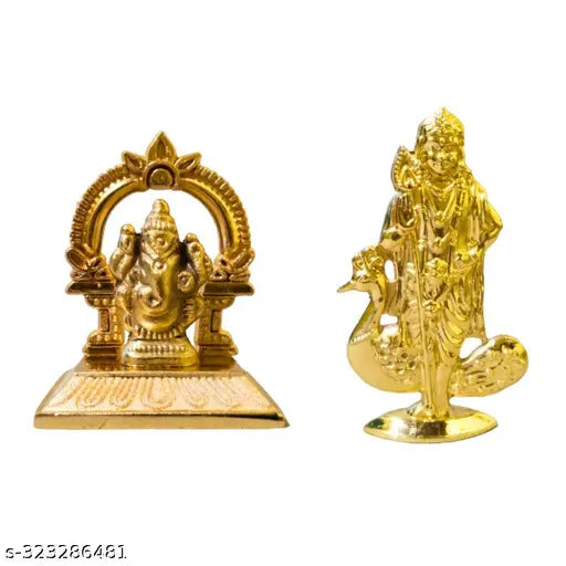 Metal Ganesha and Murugan statues, golden-toned, office/desk/dashboard decor (6.5cm combo offer)
