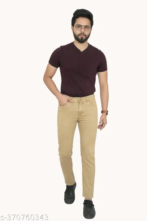 Mens solid denim stretch jeans, lightly washed with zip fly and button closure, mid-rise fit for men in sizes 30, 32, 34, 40. Made in India