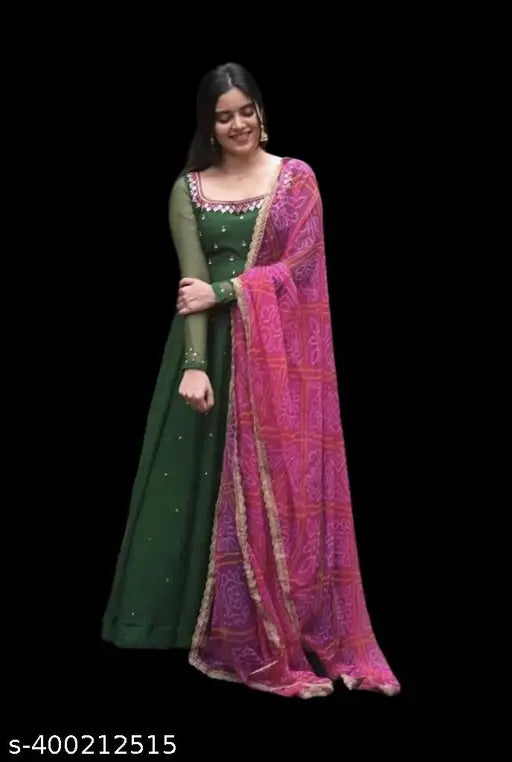 Green embellished bandhni dupatta on maxi dress, Georgette fabric with mirror work and digital print