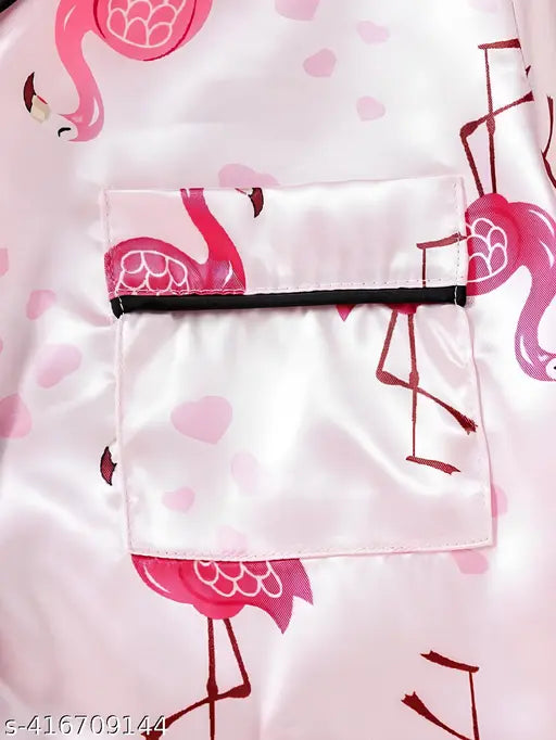 Pink flamingo print nightdress set, light & soft poly silk fabric for summers (pack of 1)