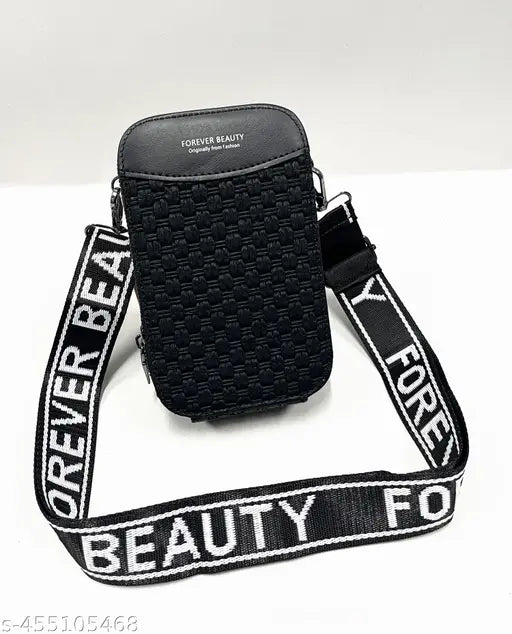 Black fabric sling wallet with silver chain strap, multiple card slots