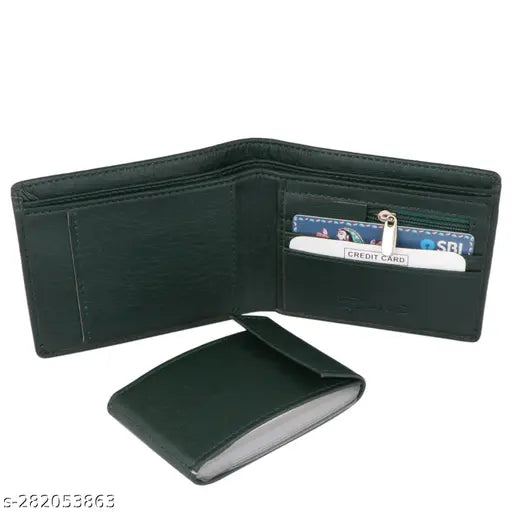 Green faux leather men's casual travel formal wallet - regular size (10 card slots), durable with 2 compartments and photo/card sleeves
