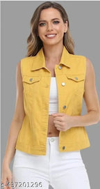 Yellow denim sleeveless half-sleeve dress, solid pattern, available in sizes S, M, L, XL