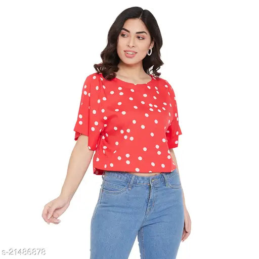 Red polka dot rayon top with three-quarter sleeves, printed net pattern. Women's fashion, Indian origin