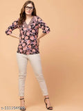 Black rayon floral printed women's top, three-quarter sleeves, XS bust size 32in, length size 25in. Hive91 black floral top enhances a chic look, India origin
