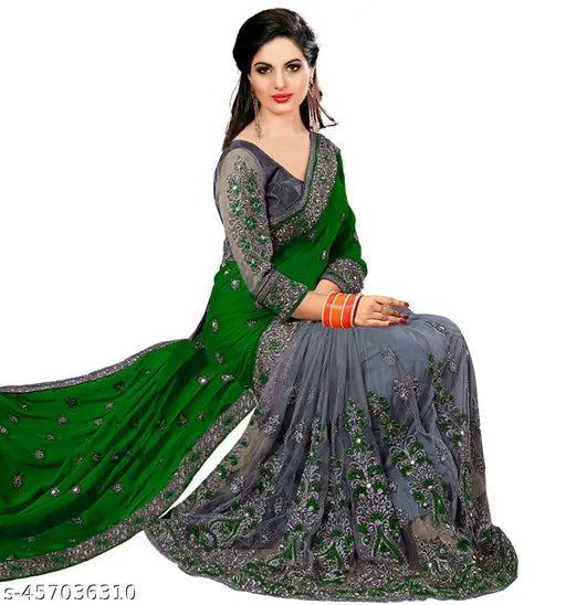 Green Lycra net saree with embroidered blouse, Indian ethnic fashion on mannequin