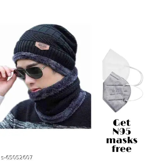 Wool balaclava cap with N95 masks, fur net pattern for cold weather protection (2pcs), Indian-made