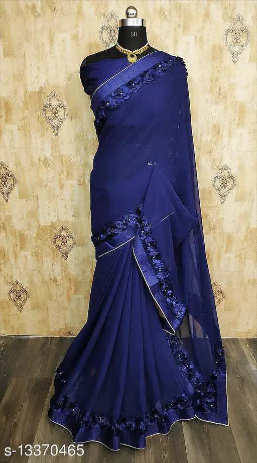 Navy blue satin saree with intricate heavy border and stonework detailing