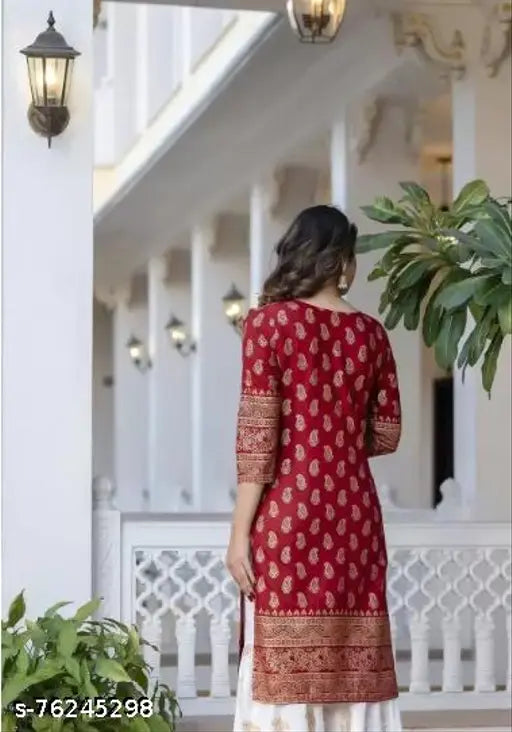 Long-sleeved red rayon kameez with flared hem, intricate printed design