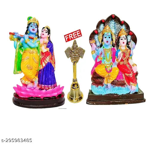 Marble Radha Krishna, Vishnu Laxmi Idols - 5" home decor showpieces from India (includes 3 pieces & a 3" bell)