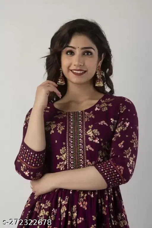 Wine Rayon Anarkali Kurta Set, hand block print with tassels - flared silhouette for women's fashion