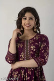 Wine Rayon Anarkali Kurta Set, hand block print with tassels - flared silhouette for women's fashion