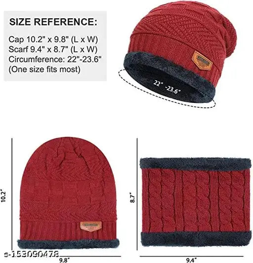 Maroon cotton knitted beanie cap inside a fur-lined neck warmer set, thick fleece lining, size 9-10, available in maroon or grey