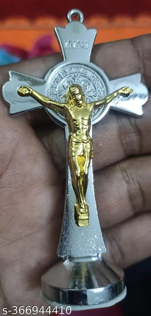 8cm Silver-Gold Metal Saint Benedict Crucifix Showpiece, perfect for cars or home decor
