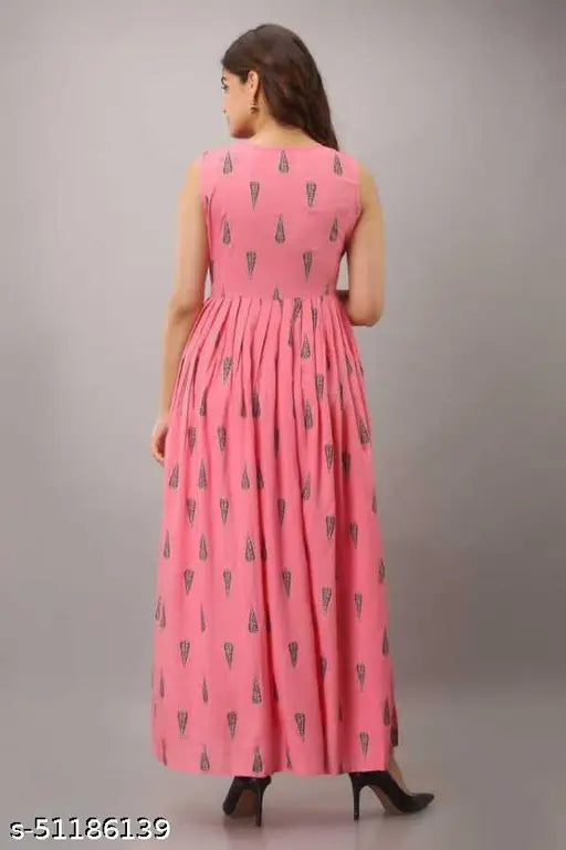 Pink rayon printed long kurti, cotton blend sleeveless, size S-XXXL. Indian traditional wear for women on display