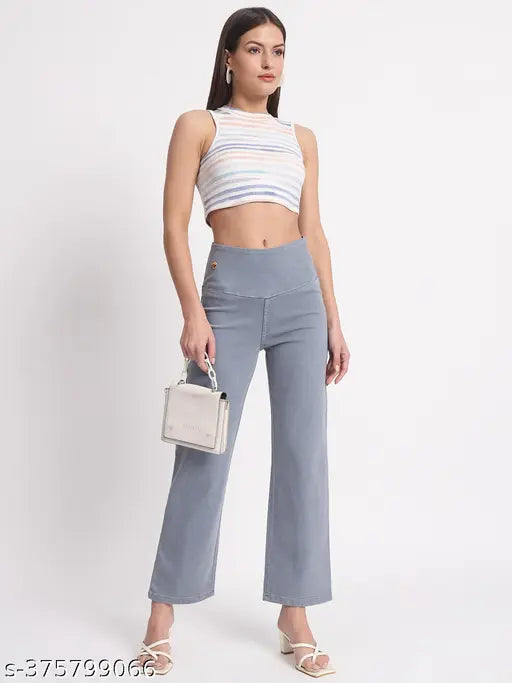 Solid grey denim straight-fit stretchable high-waist elastic jeggings for women, size 28/30/32/34